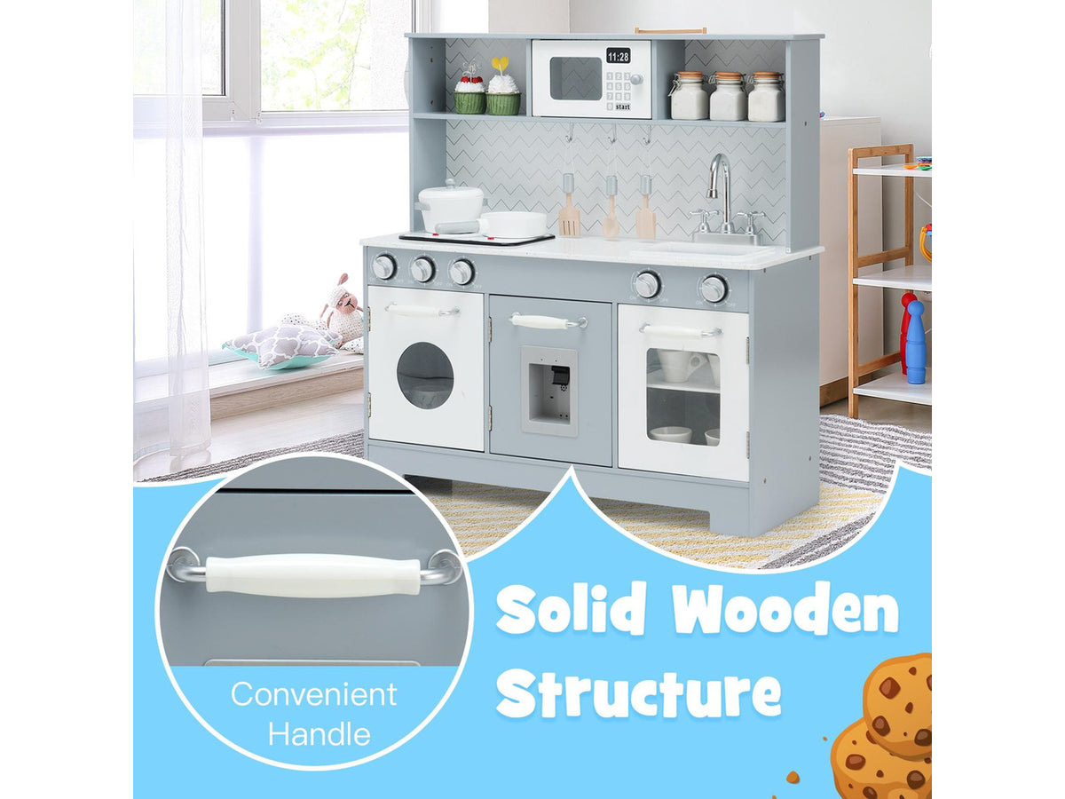 SlickBlue Pretend Play Kitchen Wooden Toy Set for Kids with Realistic Light and Sound
