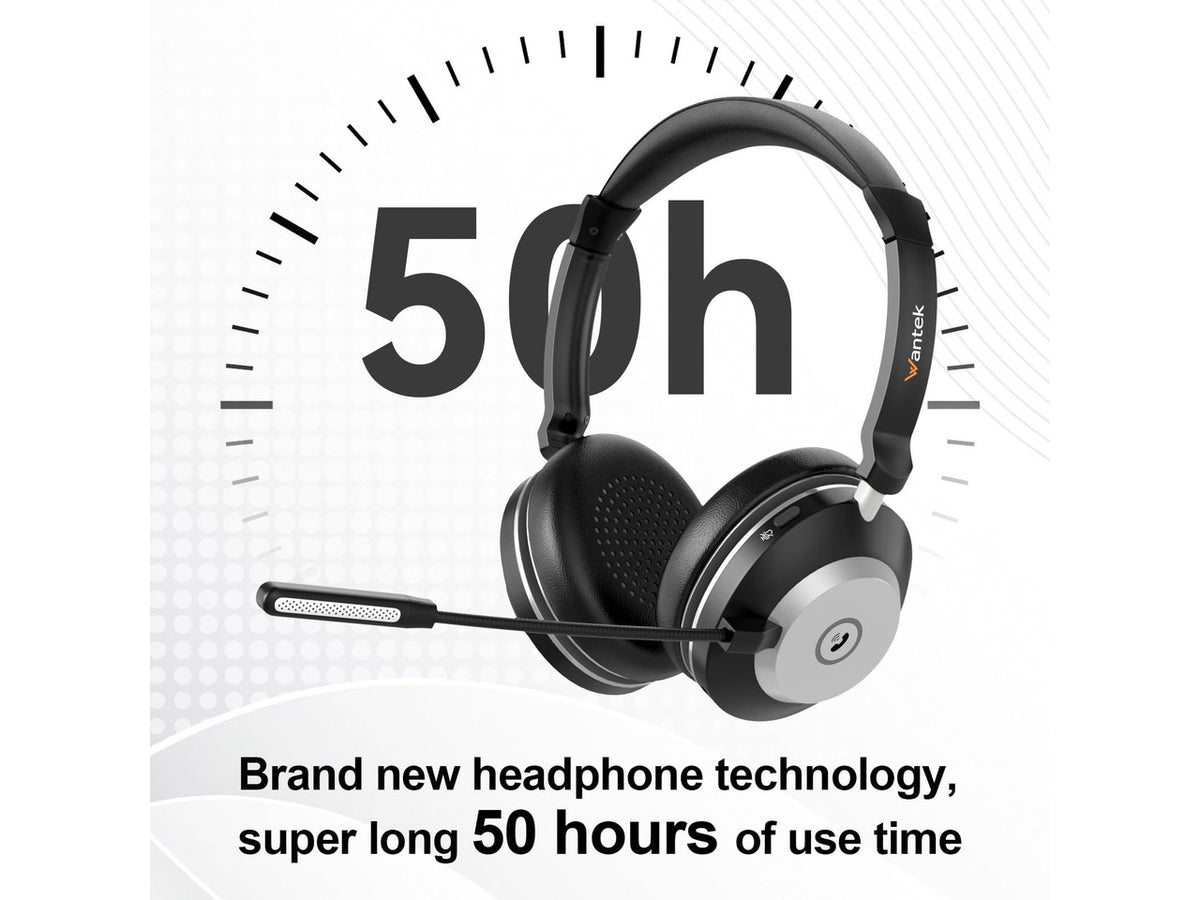 Wantek Wireless Headset with Mic- USB & Bluetooth Connectivity, 50-Hour Battery Life, AI Noise Cancelling Adjustable Microphone Charging Dock, Comfort Fit for Home/Office/Mobile Phone
