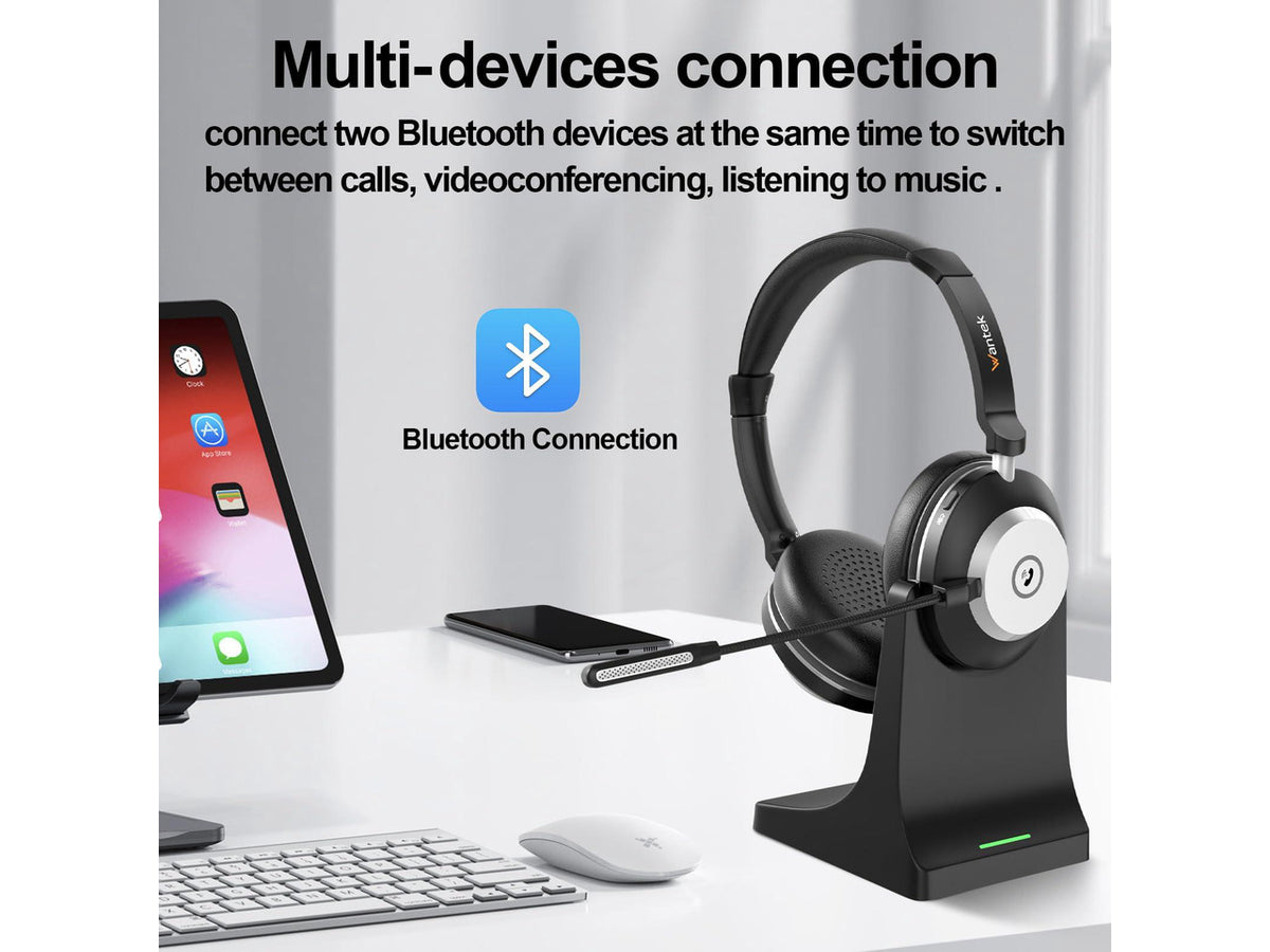 Wantek Wireless Headset with Mic- USB & Bluetooth Connectivity, 50-Hour Battery Life, AI Noise Cancelling Adjustable Microphone Charging Dock, Comfort Fit for Home/Office/Mobile Phone