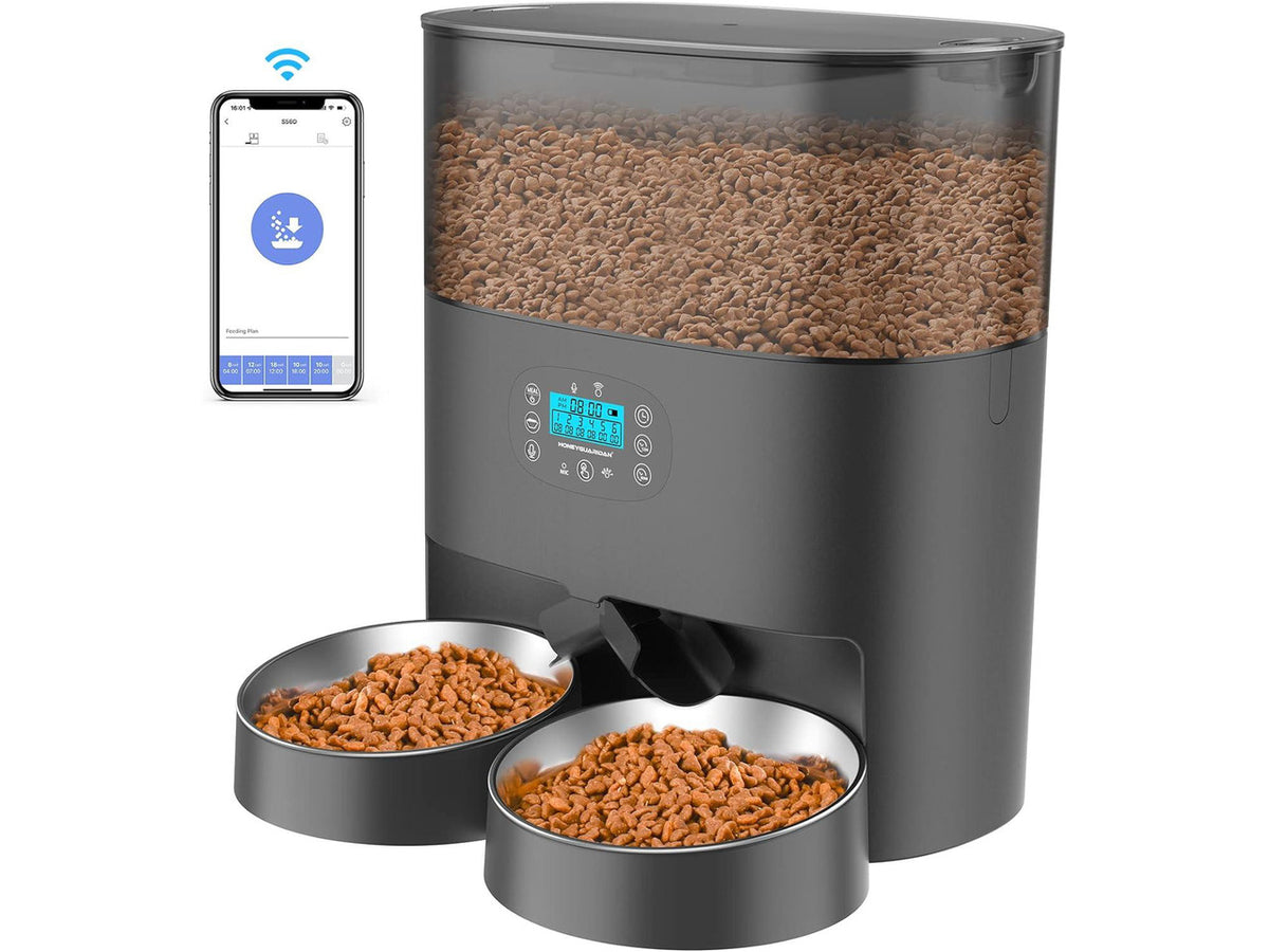 6L Automatic Cat Feeder for 2 Cats, 2.4G WiFi Enabled Smart Feed Pet Feeder for Dogs, Timed Pet Food Dispenser with Stainless Steel Bowl APP Control, 10s Voice Black