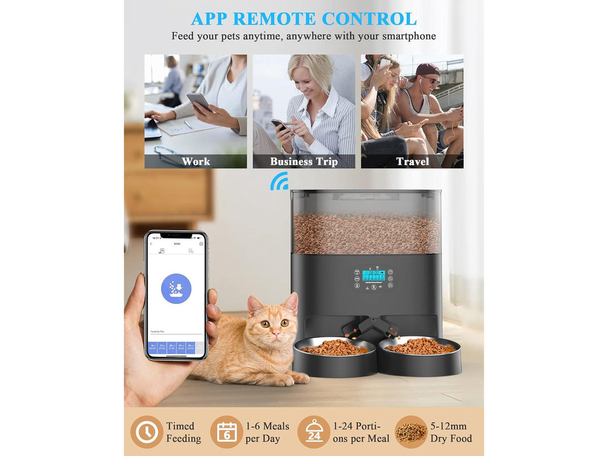 6L Automatic Cat Feeder for 2 Cats, 2.4G WiFi Enabled Smart Feed Pet Feeder for Dogs, Timed Pet Food Dispenser with Stainless Steel Bowl APP Control, 10s Voice Black