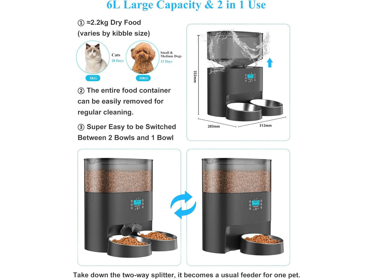 6L Automatic Cat Feeder for 2 Cats, 2.4G WiFi Enabled Smart Feed Pet Feeder for Dogs, Timed Pet Food Dispenser with Stainless Steel Bowl APP Control, 10s Voice Black
