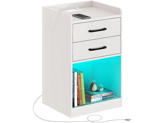 Nightstand with Charging Station and LED Lights,Modern Design End Side Table with 2 Drawers, Nightstand Storage Cabinet for Bedroom, White