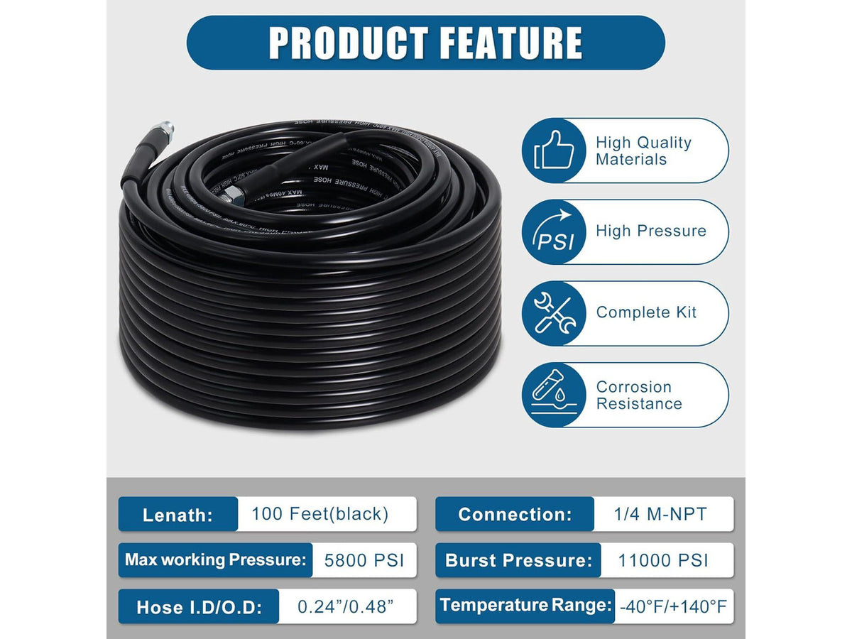 100FT Sewer Jetter Kit for Pressure Washer, 5800PSI Drain Cleaner Hose 1/4 Inch NPT Corner with 4 Sewer Jetting Nozzles,Waterproof Tape,Pearl Corsage Pin,Handle Strap & 2 Spanners (Black)
