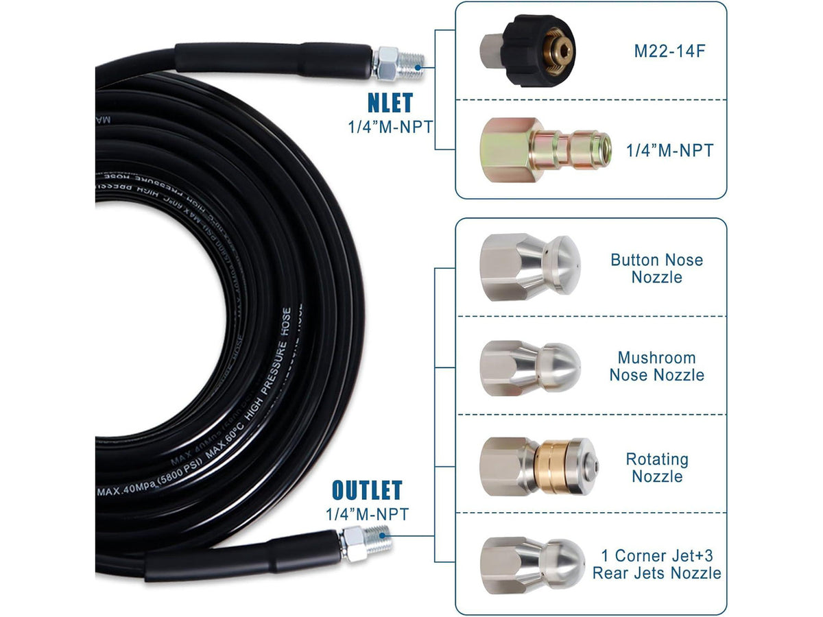 100FT Sewer Jetter Kit for Pressure Washer, 5800PSI Drain Cleaner Hose 1/4 Inch NPT Corner with 4 Sewer Jetting Nozzles,Waterproof Tape,Pearl Corsage Pin,Handle Strap & 2 Spanners (Black)