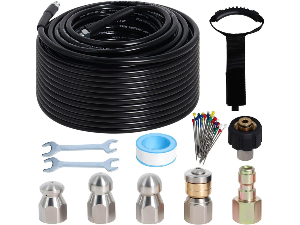 100FT Sewer Jetter Kit for Pressure Washer, 5800PSI Drain Cleaner Hose 1/4 Inch NPT Corner with 4 Sewer Jetting Nozzles,Waterproof Tape,Pearl Corsage Pin,Handle Strap & 2 Spanners (Black)