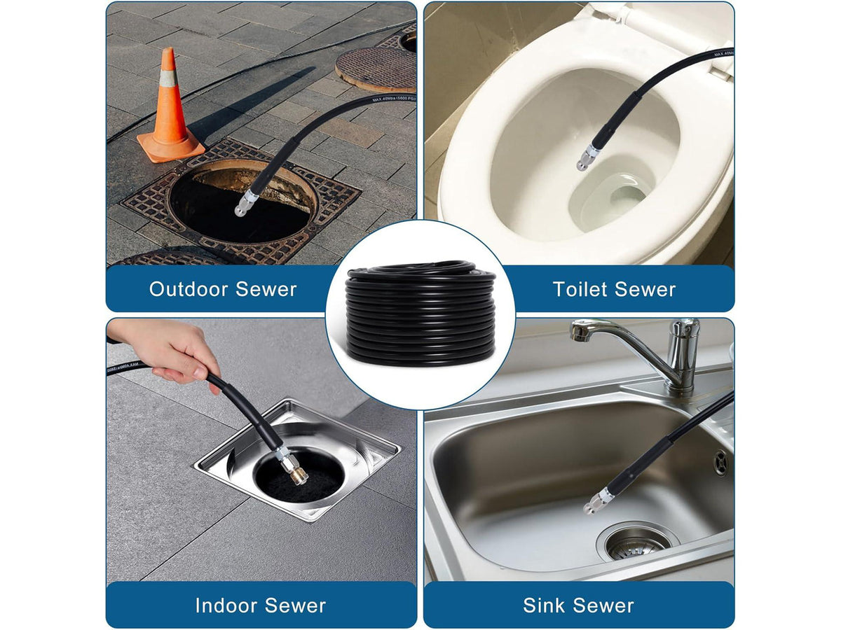 100FT Sewer Jetter Kit for Pressure Washer, 5800PSI Drain Cleaner Hose 1/4 Inch NPT Corner with 4 Sewer Jetting Nozzles,Waterproof Tape,Pearl Corsage Pin,Handle Strap & 2 Spanners (Black)