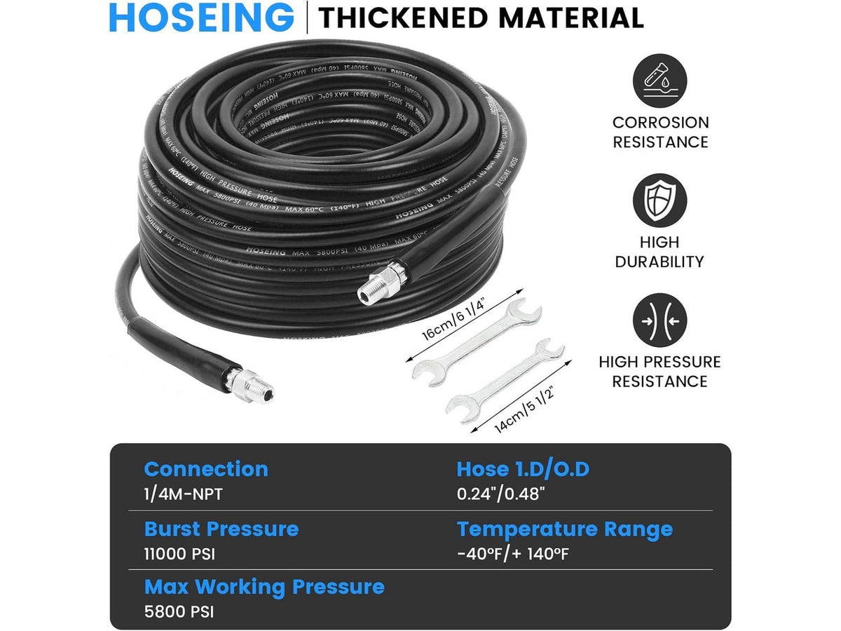 100FT Sewer Jetter Kit for Pressure Washer, 5800 PSI Water Jet Drain Cleaner Hose Corner Rotating Button Nose Sewer Jetting Nozzle 1/4 Inch NPT, Sewer Jetter Nozzles Kit with Spanner Handle Strap