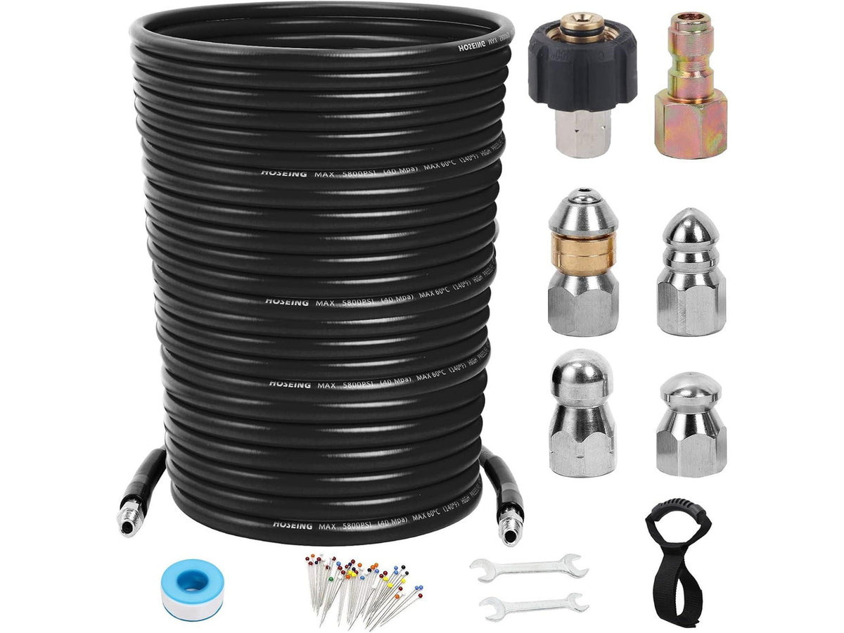 100FT Sewer Jetter Kit for Pressure Washer, 5800 PSI Water Jet Drain Cleaner Hose Corner Rotating Button Nose Sewer Jetting Nozzle 1/4 Inch NPT, Sewer Jetter Nozzles Kit with Spanner Handle Strap