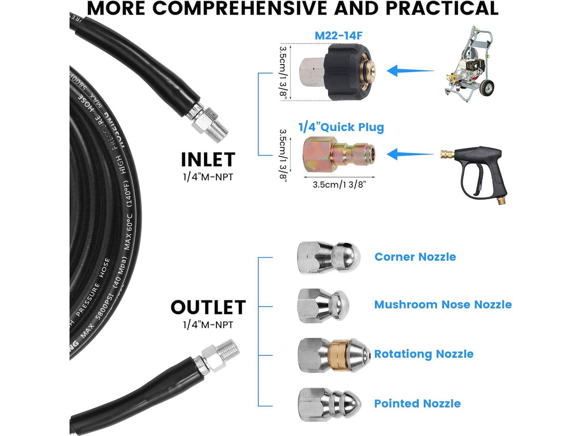 100FT Sewer Jetter Kit for Pressure Washer, 5800 PSI Water Jet Drain Cleaner Hose Corner Rotating Button Nose Sewer Jetting Nozzle 1/4 Inch NPT, Sewer Jetter Nozzles Kit with Spanner Handle Strap