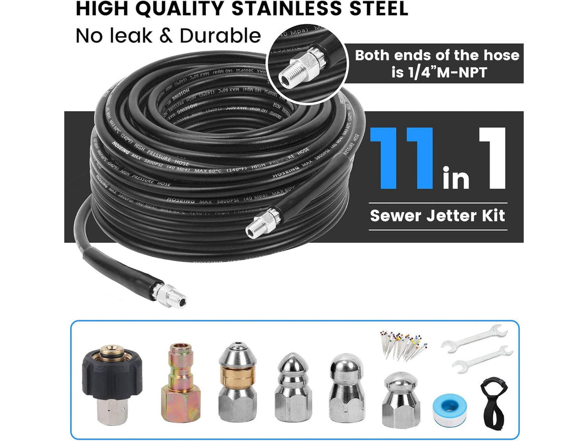 100FT Sewer Jetter Kit for Pressure Washer, 5800 PSI Water Jet Drain Cleaner Hose Corner Rotating Button Nose Sewer Jetting Nozzle 1/4 Inch NPT, Sewer Jetter Nozzles Kit with Spanner Handle Strap