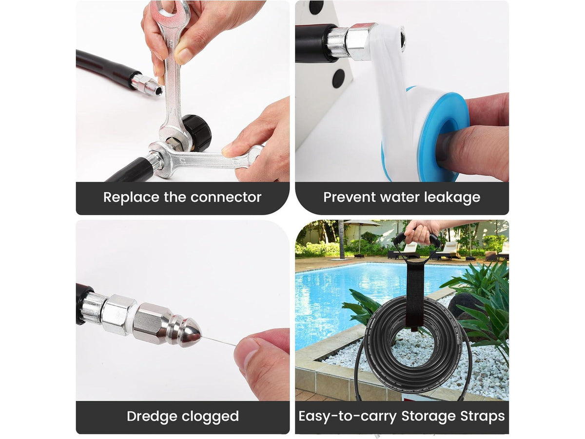 100FT Sewer Jetter Kit for Pressure Washer, 5800 PSI Water Jet Drain Cleaner Hose Corner Rotating Button Nose Sewer Jetting Nozzle 1/4 Inch NPT, Sewer Jetter Nozzles Kit with Spanner Handle Strap