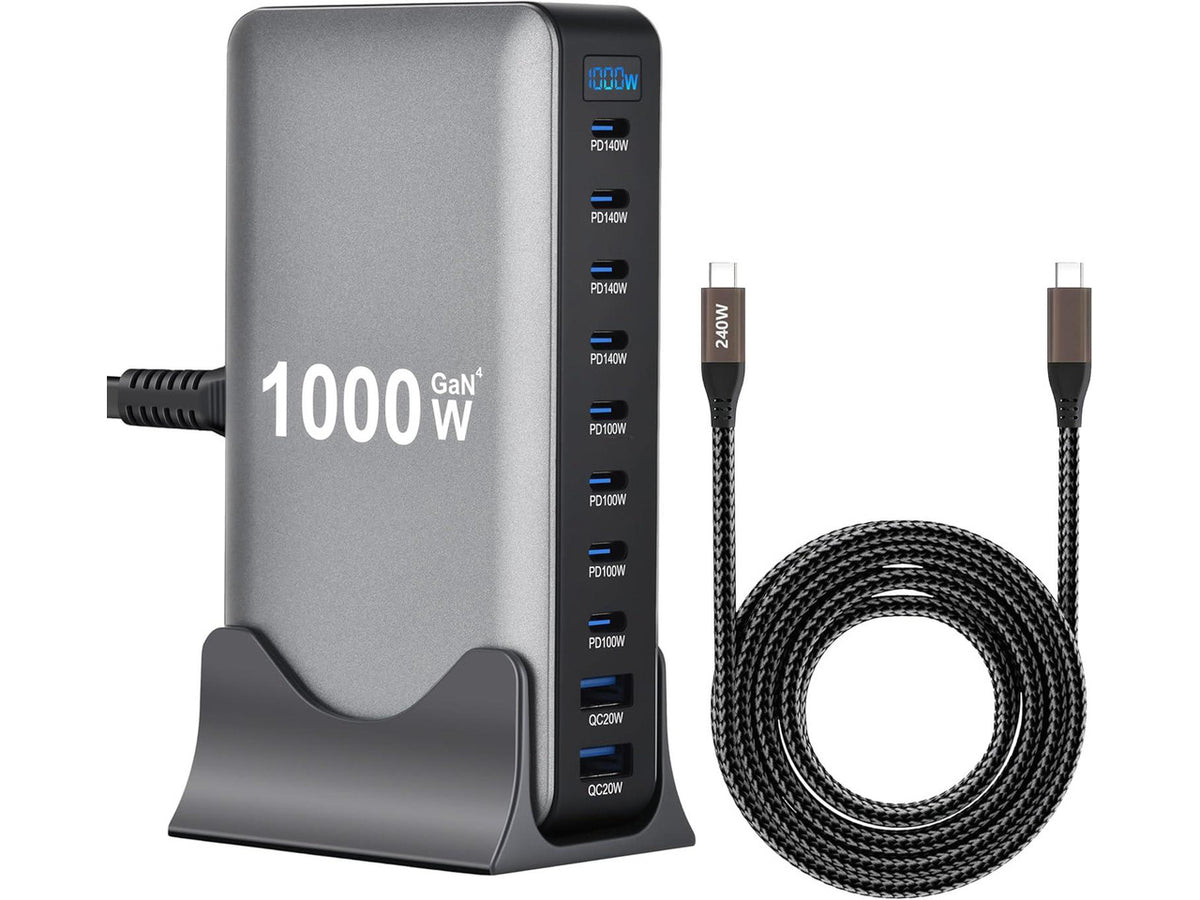 1000W 10-Port GaN 4 Desktop Charging Station with 240W 6.6 ft Data Cable - Compatible with Tablets, Phones, Laptops, Gaming Consoles, Headphones