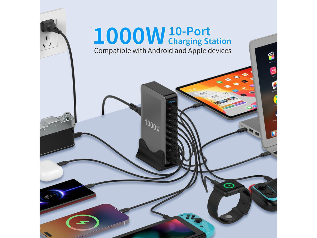1000W 10-Port GaN 4 Desktop Charging Station with 240W 6.6 ft Data Cable - Compatible with Tablets, Phones, Laptops, Gaming Consoles, Headphones