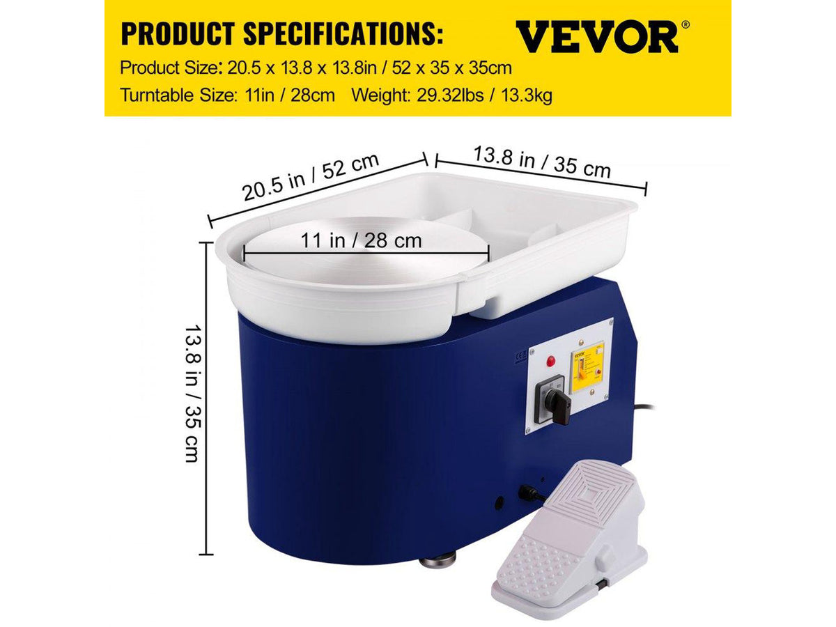 Pottery Wheel 28cm Pottery Forming Machine with Detachable Basin Foot Pedal Control 350W Art Craft DIY Clay Tool for Art Craft Work and Home DIY Blue, 18 Piece