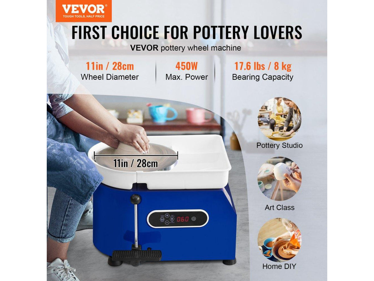 Pottery Wheel, 450W, For Adults and Beginners, 11in Clay Wheel Machine, Adjustable 60-300RPM Speed Handle and Pedal, ABS Detachable Basin, Accessory Kit for Craft DIY, LCD Touch Screen, Blue