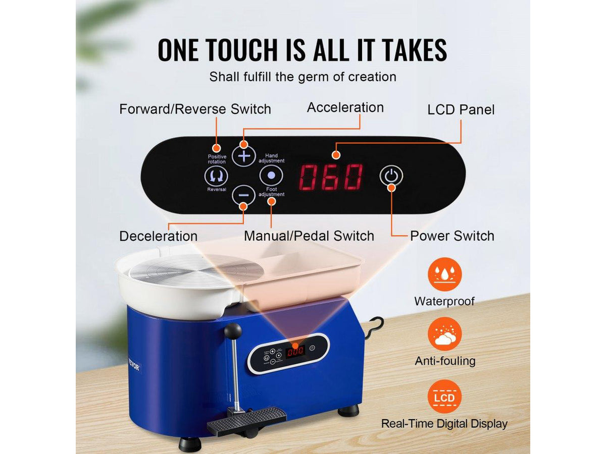 Pottery Wheel, 450W, For Adults and Beginners, 11in Clay Wheel Machine, Adjustable 60-300RPM Speed Handle and Pedal, ABS Detachable Basin, Accessory Kit for Craft DIY, LCD Touch Screen, Blue