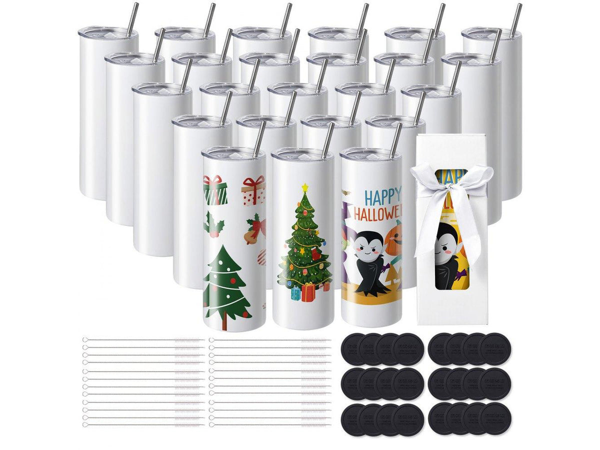 24 Pack Sublimation Tumblers 20oz Skinny Straight, Stainless Steel Sublimation Tumblers Blank, Stainless Steel Double Wall Tumbler for Heat Transfer Customized Gifts with Lid and Straw, Gift Box