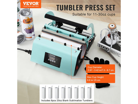 VEVOR Tumbler Heat Press Machine and Sublimation Tumblers, Tumbler Press Set with 8pcs 20OZ Blank Tumblers, Mug Press Cup Press for 11-30oz Tumblers Mug, with Heat Transfer Paper, Gloves, Tape
