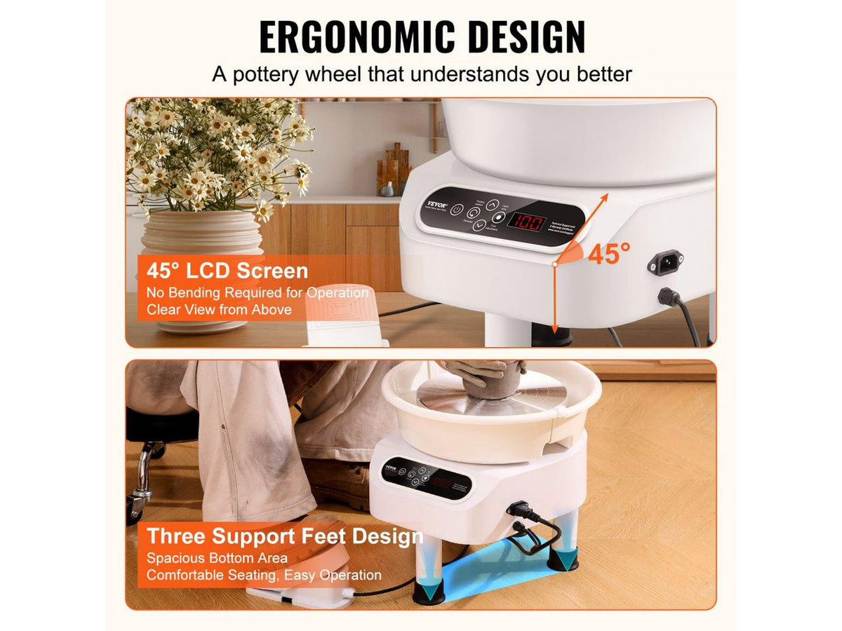 VEVOR Pottery Wheel, 10 inch Pottery Forming Machine, Direct Drive Ceramic Wheel with 3 Support Legs for DIY Art Craft, 350W Electric Wheel for Pottery with Foot Pedal and LCD Touch Screen, White