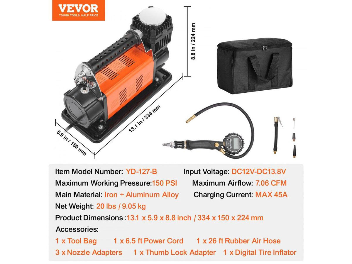 12V Heavy Duty Air Compressor - with Digital Pressure Gauge Tire Inflator Kit, 7.06 CFM Portable Tire Inflator, 150PSI Offroad Air Pump with Adapters for Trucks Car SUV 4 x 4 Vehicle RV