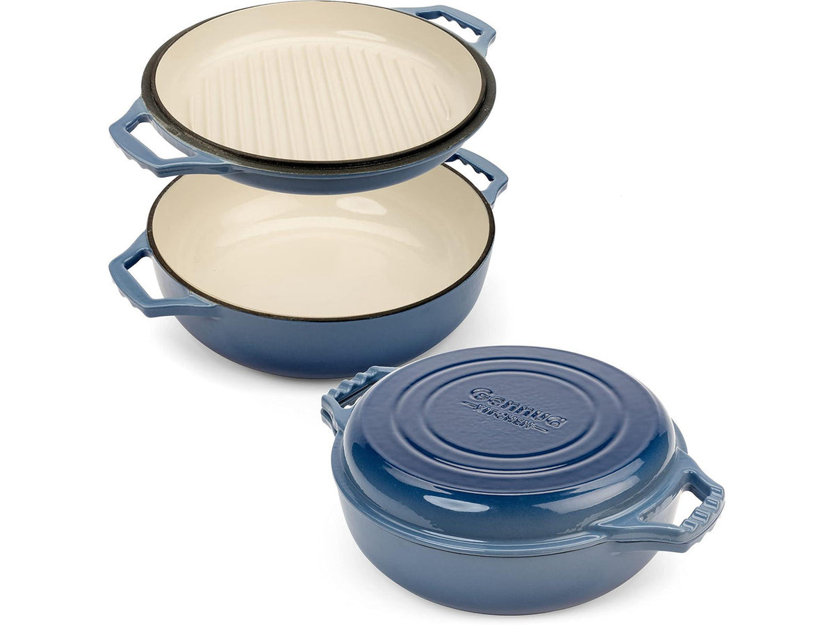2-in-1 Enameled Cast Iron Braiser Pan with Grill Lid - 3.3-Quart Small Dutch Oven, Serves as Both Casserole & Stovetop Grill Pan, Cast Iron Cookware