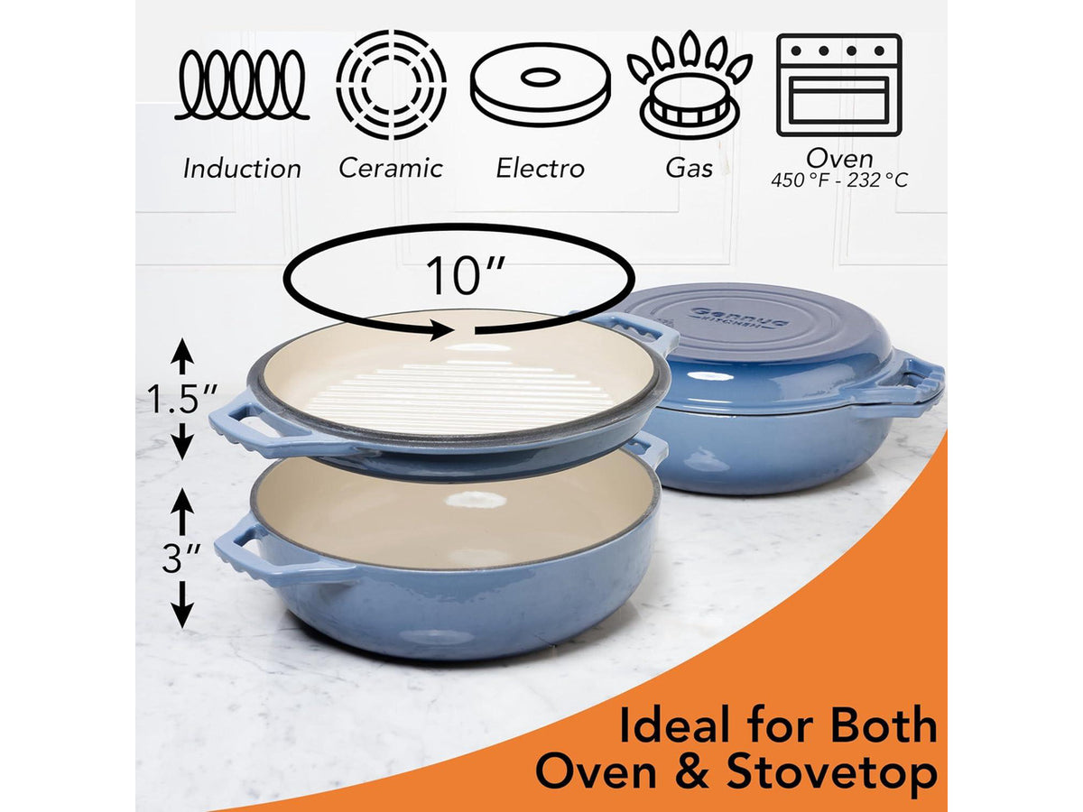 2-in-1 Enameled Cast Iron Braiser Pan with Grill Lid - 3.3-Quart Small Dutch Oven, Serves as Both Casserole & Stovetop Grill Pan, Cast Iron Cookware