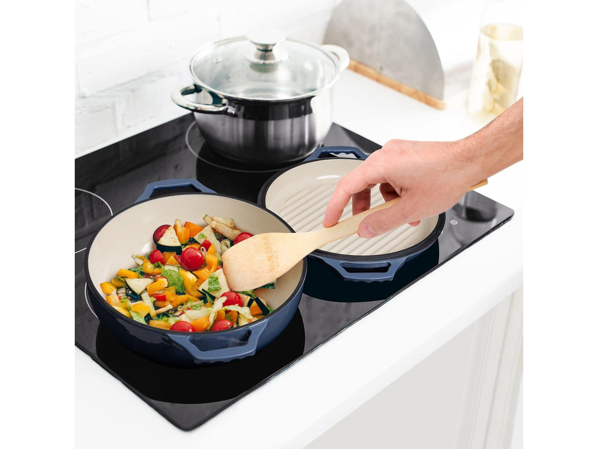 2-in-1 Enameled Cast Iron Braiser Pan with Grill Lid - 3.3-Quart Small Dutch Oven, Serves as Both Casserole & Stovetop Grill Pan, Cast Iron Cookware