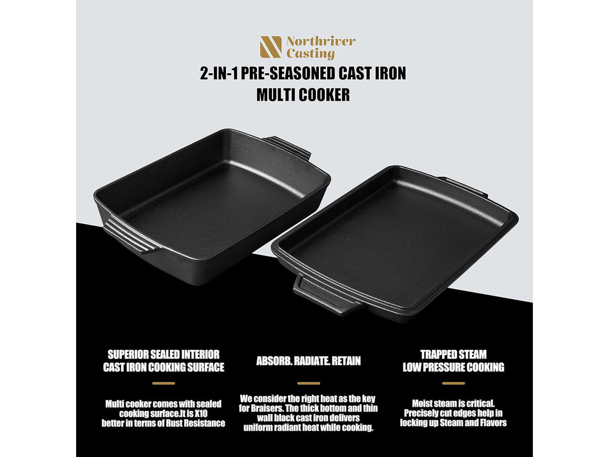 2-In-1 Pre Seasoned Cast Iron Dutch Oven With Skillet Lid,Casserole Dish,Rectangular Baking Pan,Griddle Pot Set, 6QT, 9"x13"