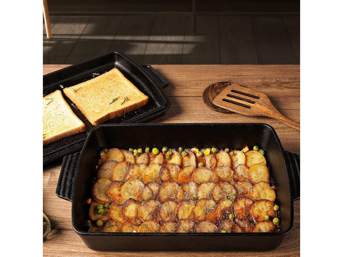 2-In-1 Pre Seasoned Cast Iron Dutch Oven With Skillet Lid,Casserole Dish,Rectangular Baking Pan,Griddle Pot Set, 6QT, 9"x13"
