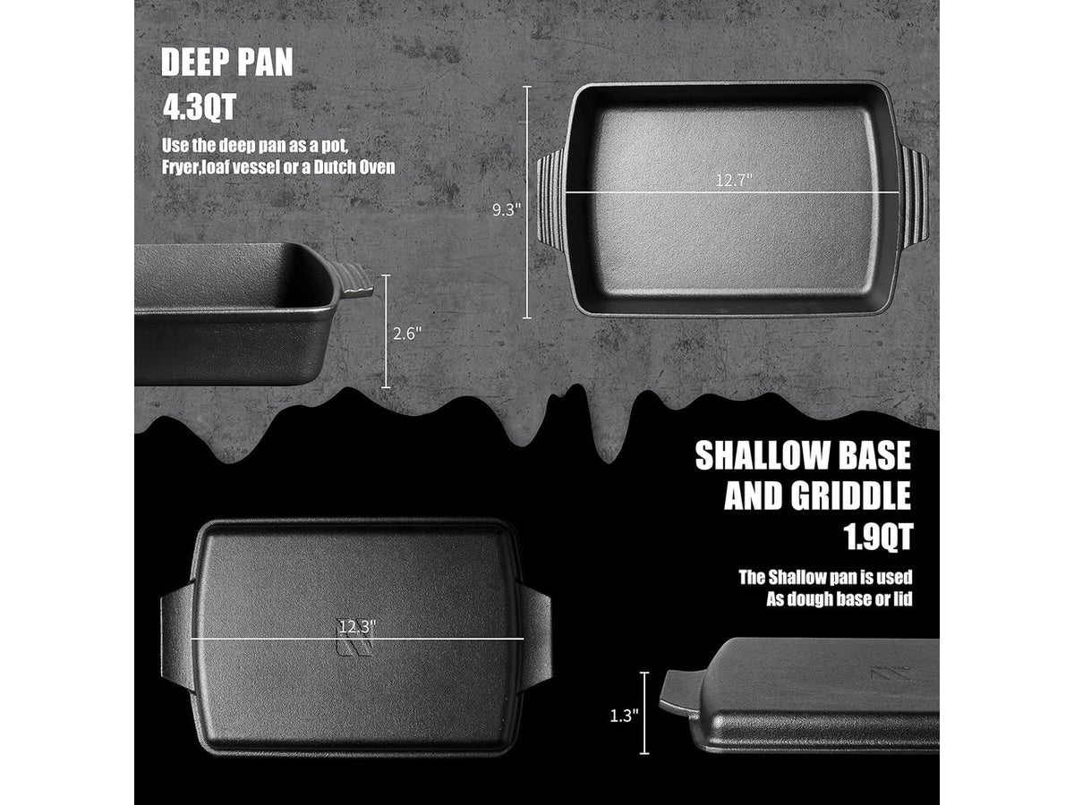 2-In-1 Pre Seasoned Cast Iron Dutch Oven With Skillet Lid,Casserole Dish,Rectangular Baking Pan,Griddle Pot Set, 6QT, 9"x13"