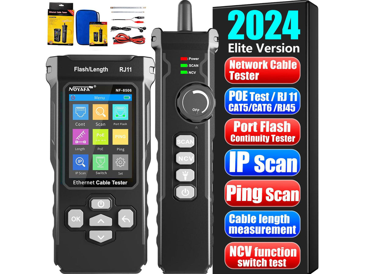 NOYAFA NF-8506 Network Cable Tester with IP Scan, CAT5 CAT6 Ethernet Cable Tester, PoE PingTest, Network Rate Test, Port Flashing, Network Tester Cable Toner for RJ11 RJ45