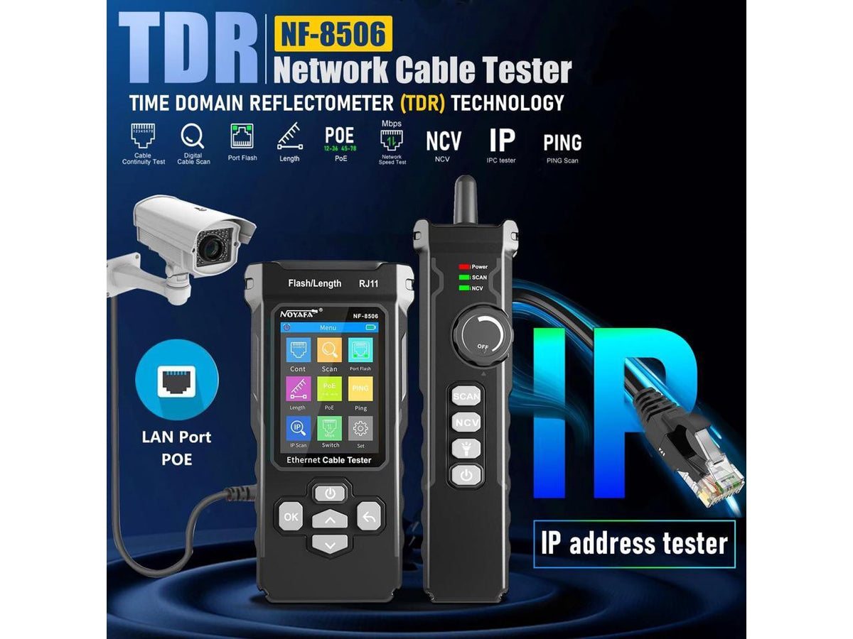 NOYAFA NF-8506 Network Cable Tester with IP Scan, CAT5 CAT6 Ethernet Cable Tester, PoE PingTest, Network Rate Test, Port Flashing, Network Tester Cable Toner for RJ11 RJ45