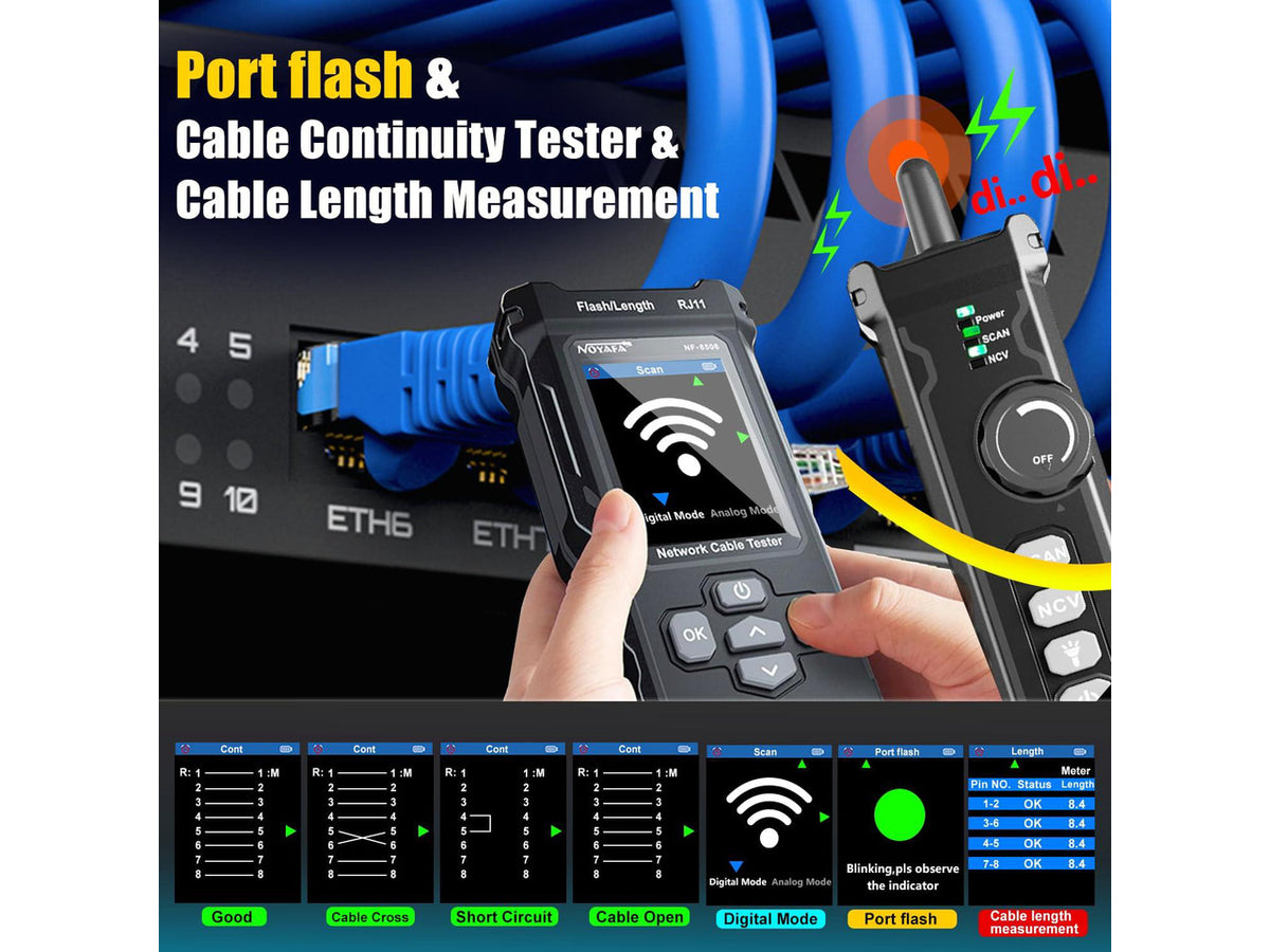 NOYAFA NF-8506 Network Cable Tester with IP Scan, CAT5 CAT6 Ethernet Cable Tester, PoE PingTest, Network Rate Test, Port Flashing, Network Tester Cable Toner for RJ11 RJ45