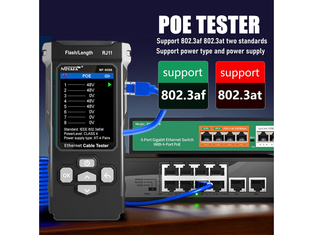 NOYAFA NF-8506 Network Cable Tester with IP Scan, CAT5 CAT6 Ethernet Cable Tester, PoE PingTest, Network Rate Test, Port Flashing, Network Tester Cable Toner for RJ11 RJ45