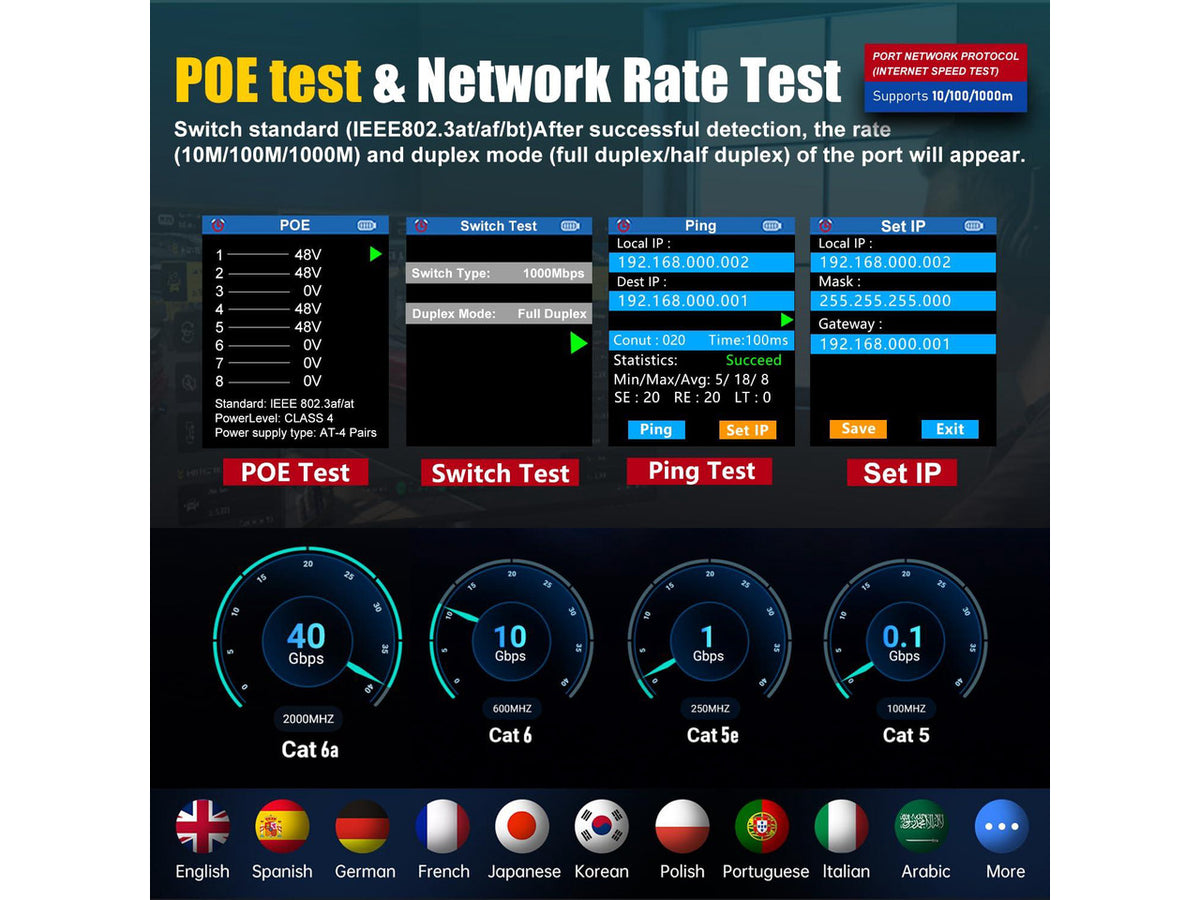 NOYAFA NF-8506 Network Cable Tester with IP Scan, CAT5 CAT6 Ethernet Cable Tester, PoE PingTest, Network Rate Test, Port Flashing, Network Tester Cable Toner for RJ11 RJ45