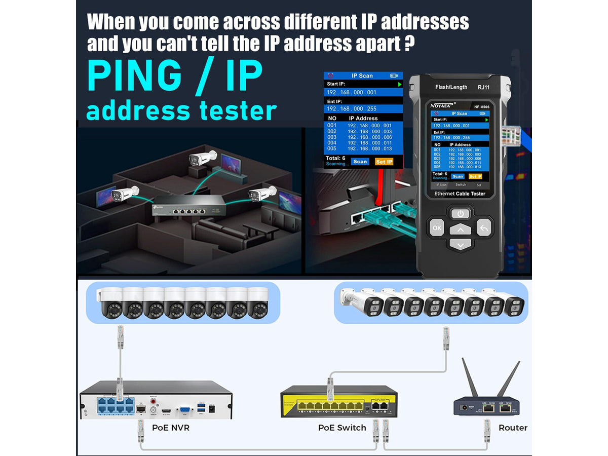 NOYAFA NF-8506 Network Cable Tester with IP Scan, CAT5 CAT6 Ethernet Cable Tester, PoE PingTest, Network Rate Test, Port Flashing, Network Tester Cable Toner for RJ11 RJ45