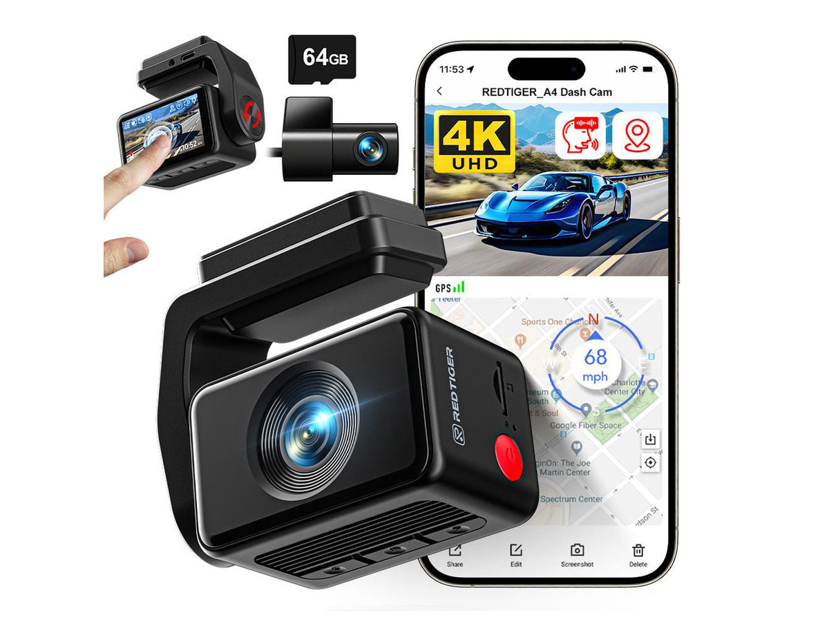 REDTIGER A4 Dash Cam Front and Rear with 5.8GHz WiFi, 2" Touch Screen, and Free 64GB Card Advanced Car DVR with Parking Monitoring and Loop Recording