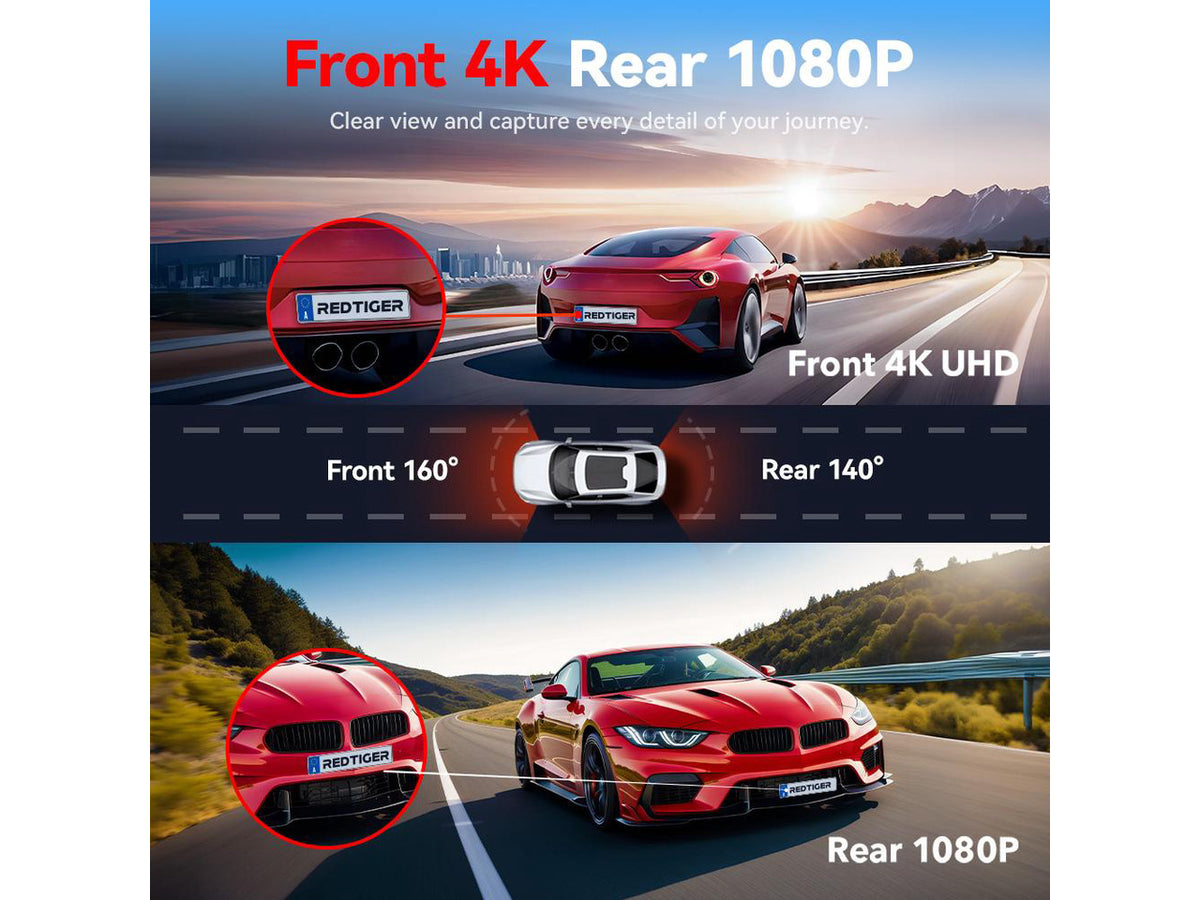 REDTIGER A4 Dash Cam Front and Rear with 5.8GHz WiFi, 2" Touch Screen, and Free 64GB Card Advanced Car DVR with Parking Monitoring and Loop Recording