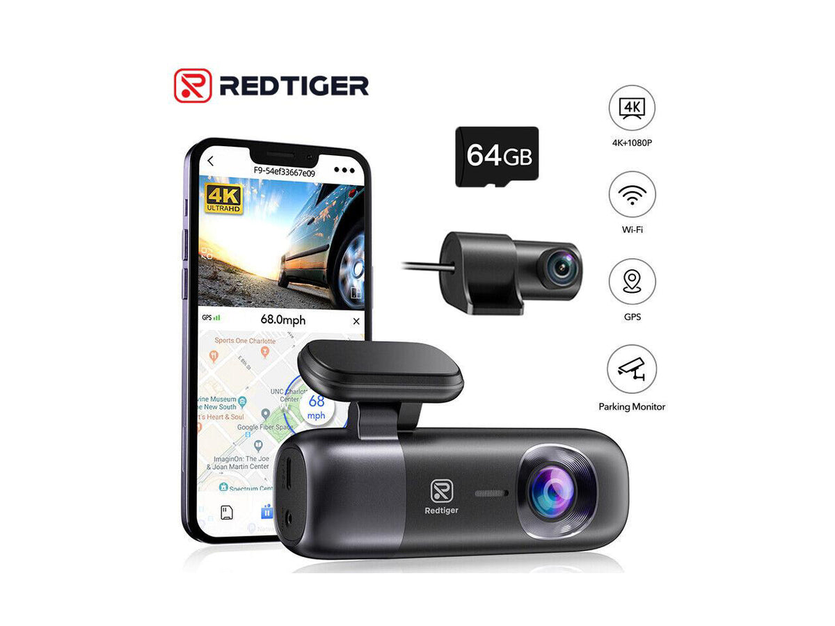 REDTIGER Dash Cam 4K Front and Rear 1080P, WiFi GPS Car Camera with Free 64GB SD Card, Dual Dash Camera for Cars, Loop Recording, Night Vision, Parking Mode, Smart App Control, Support 256GB Max