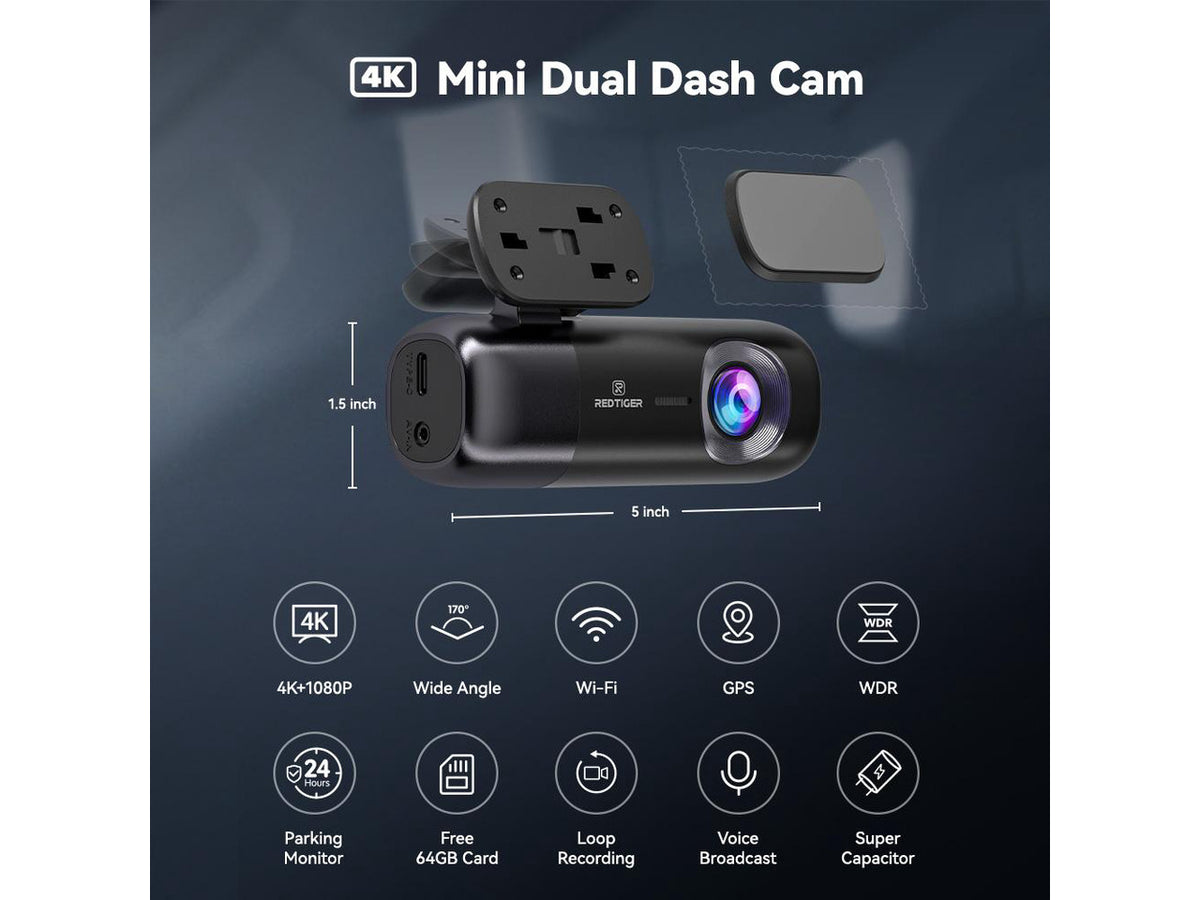 REDTIGER Dash Cam 4K Front and Rear 1080P, WiFi GPS Car Camera with Free 64GB SD Card, Dual Dash Camera for Cars, Loop Recording, Night Vision, Parking Mode, Smart App Control, Support 256GB Max