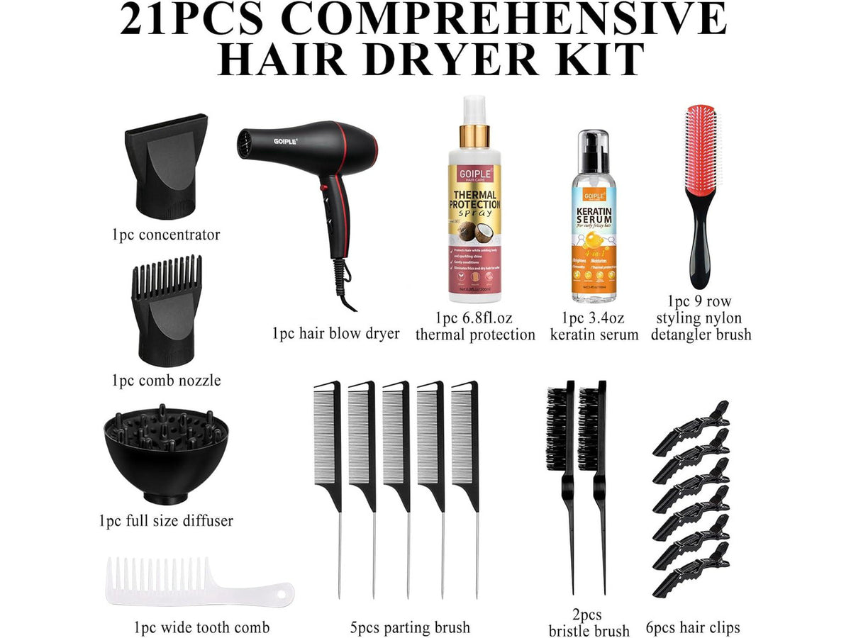 21Pcs Professional Hair Dryer Kit - Ionic, Lightweight, Low Noise, Constant Temperature, 1800W Blow Dryer for Women and Men - Includes Hair Dryer, Nozzles, and Accessories Set
