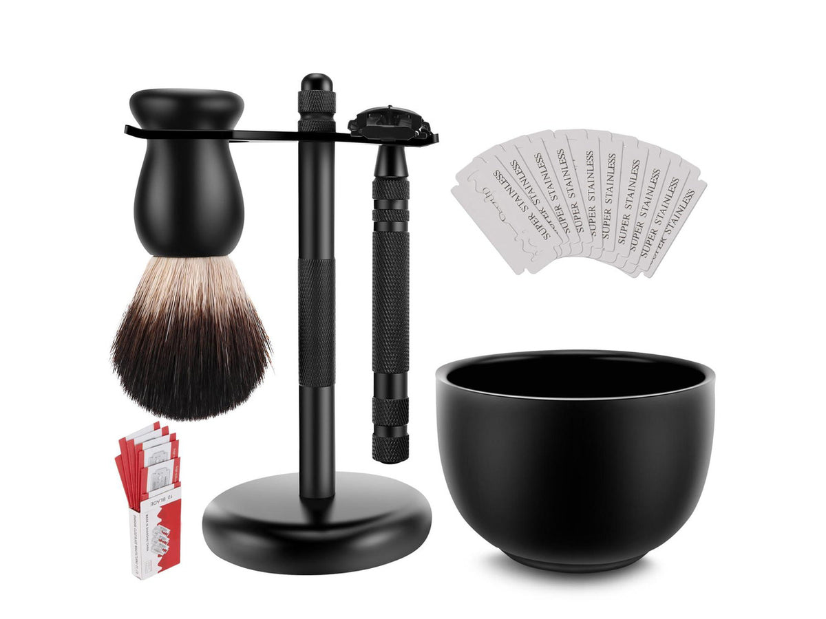 Amazing Safety Razor Shave Kit - Mysterious Black Men's Shaving & Grooming Sets - Butterfly Open Safety Razor,Friendly Brush,Great Shaving Stand,Shaving Soap Bowl, Super Stainless Blades