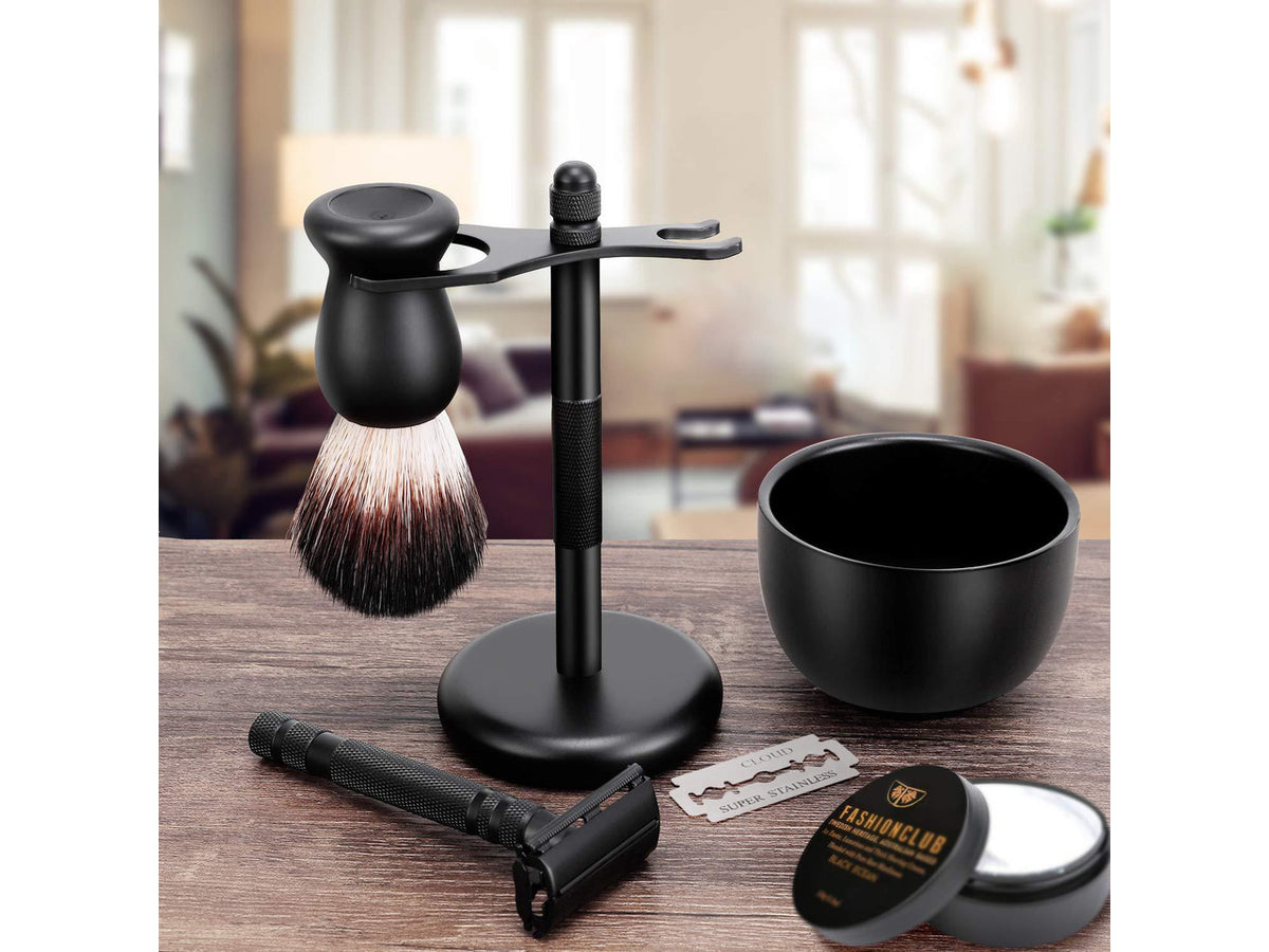 Amazing Safety Razor Shave Kit - Mysterious Black Men's Shaving & Grooming Sets - Butterfly Open Safety Razor,Friendly Brush,Great Shaving Stand,Shaving Soap Bowl, Super Stainless Blades