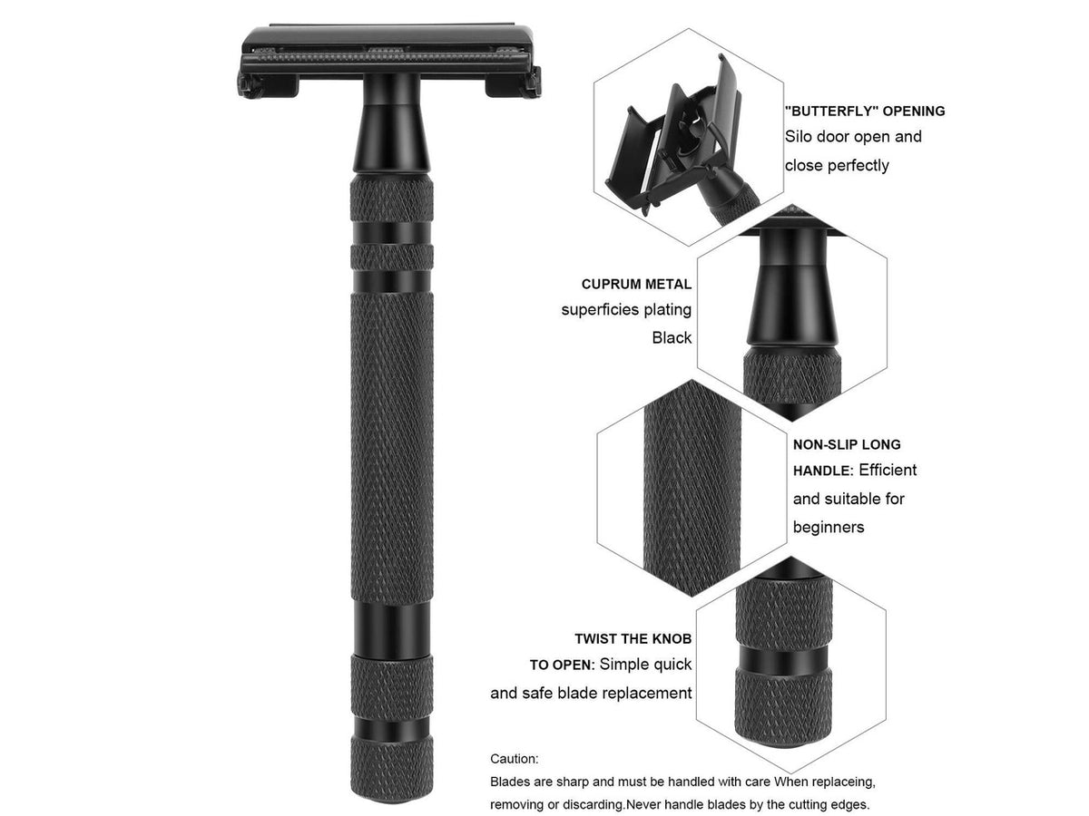 Amazing Safety Razor Shave Kit - Mysterious Black Men's Shaving & Grooming Sets - Butterfly Open Safety Razor,Friendly Brush,Great Shaving Stand,Shaving Soap Bowl, Super Stainless Blades