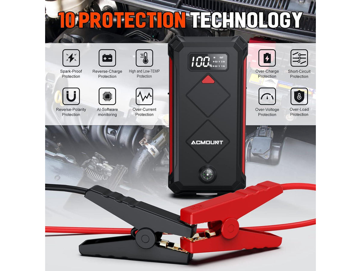 P100 Car Jump Starter, 5000A Peak Lithium Jump Starter Battery Pack for Up to 10.0L Gas or 8.0L Diesel Engine, Safe 12V Portable Battery Starter Power Pack with LED Screen & LED Light