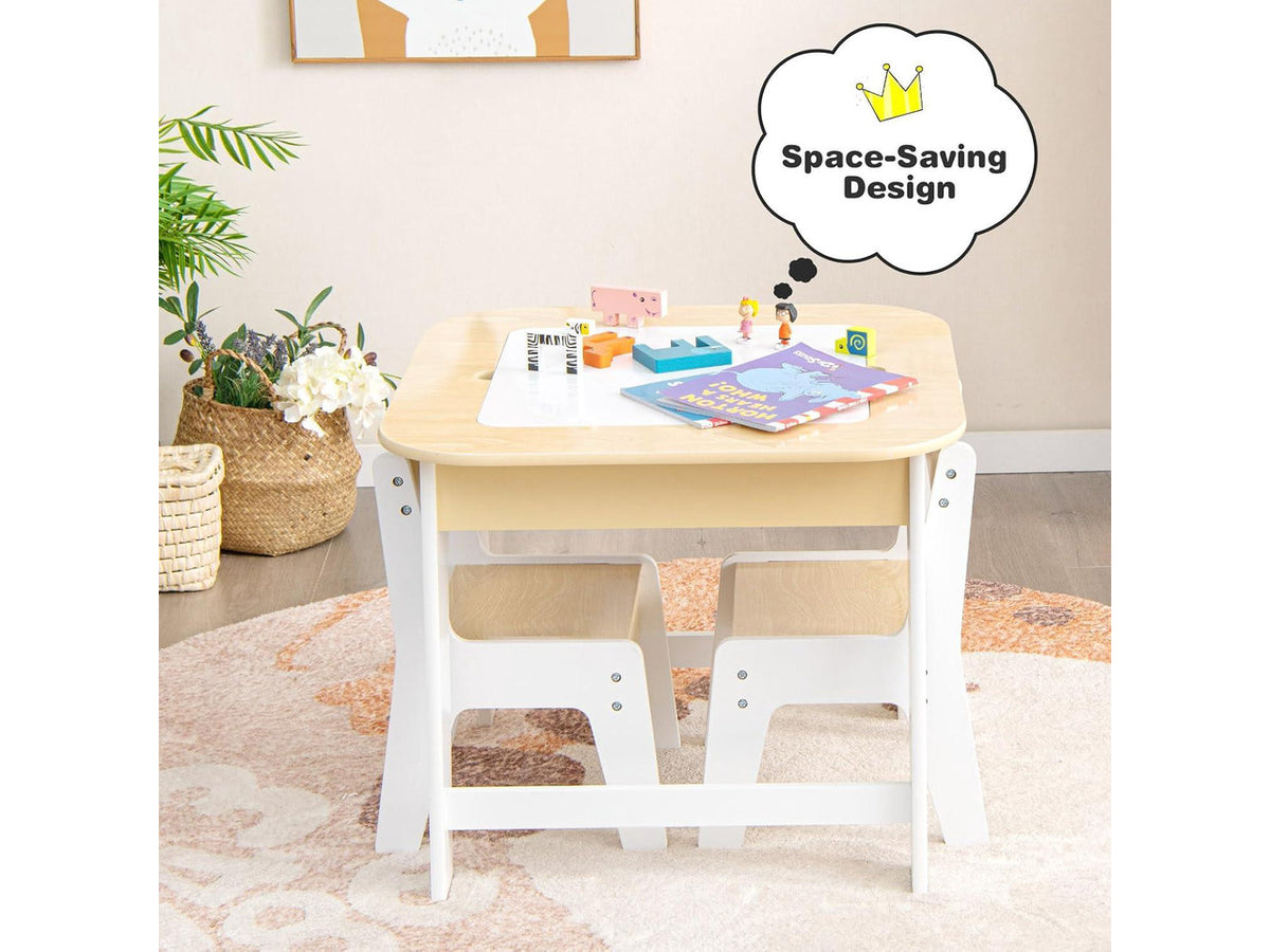 Costzon Kids Table and Chair Set, 3-in-1 Wooden Activity Table with Removable Tabletop, Blackboard & Whiteboard, Storage Space for Arts Crafts Nursery Preschool, Toddler Table and Chairs (Natural)