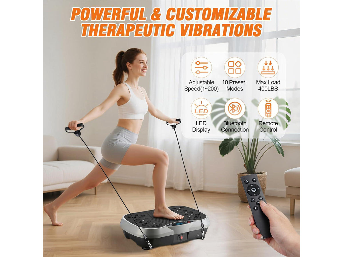 ALSO GO Vibration Plate Exercise Machine, 10 Preset Modes & 200-Level Vibration Platform for Weight Loss/Lymphatic Drainage, 400lbs Capacity Vibration Board with Resistance Bands for Full Body Workout