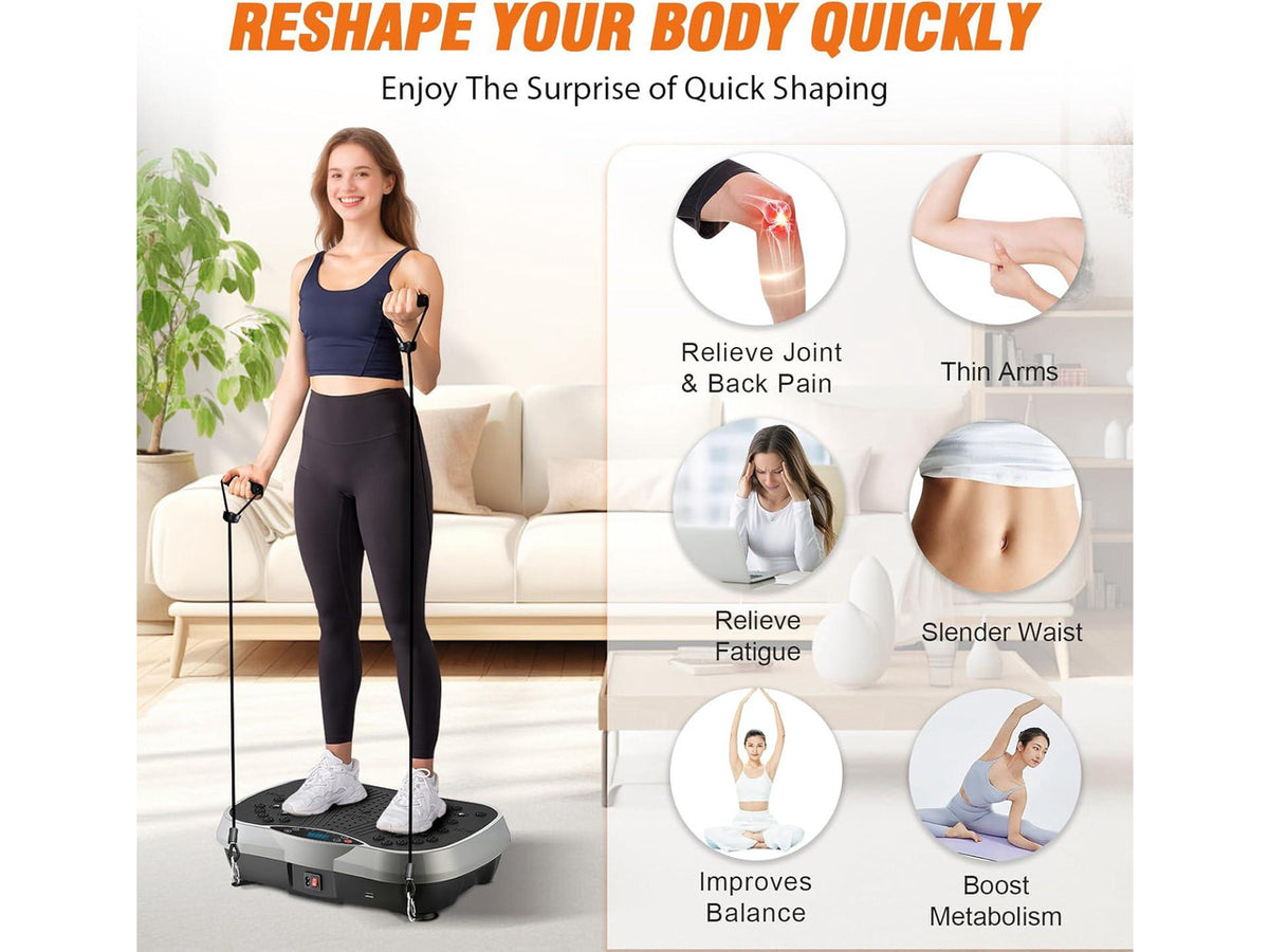 ALSO GO Vibration Plate Exercise Machine, 10 Preset Modes & 200-Level Vibration Platform for Weight Loss/Lymphatic Drainage, 400lbs Capacity Vibration Board with Resistance Bands for Full Body Workout