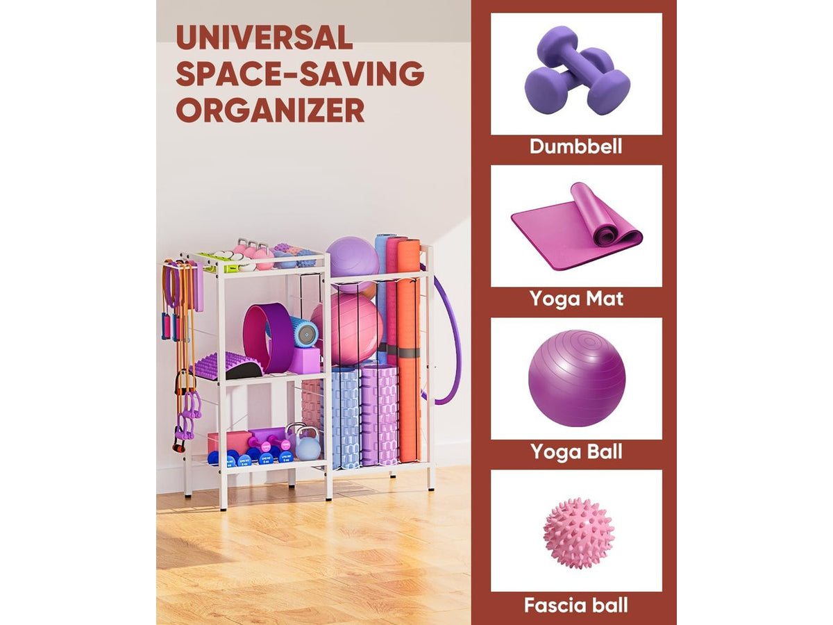 3 Tiers Dumbbells Yoga Mat Storage Rack with Elastic Straps for Kettlebells Foam Roller Resistance Bands Balls, Workout Equipment Organizer Weight Storage Holder with Hooks for Home Gym